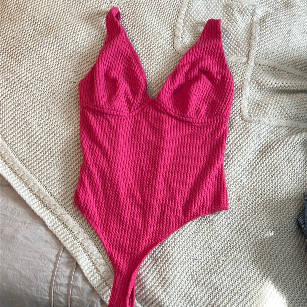 Pink Ribbed Bodysuit with Plunging V-Neckline